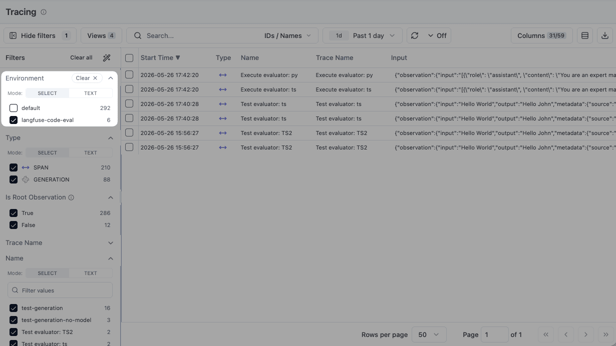 Tracing table filtered to code evaluator
executions